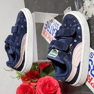 PUMA Kinder Fit Blue Pink Suede Polka Dot Strap Sneaker 5